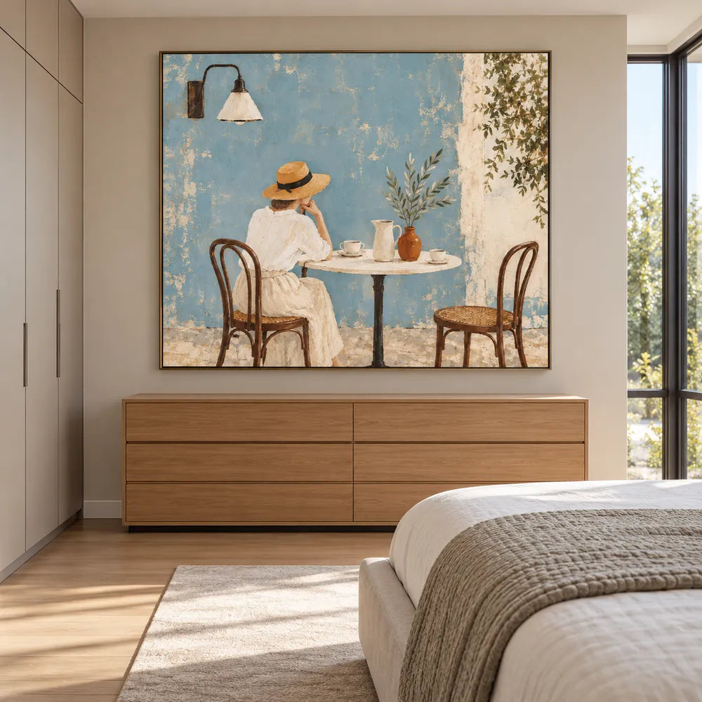 Blue Hand-Painted Oil Painting, Woman at a Cafe Table Wall Art #1IE39W18