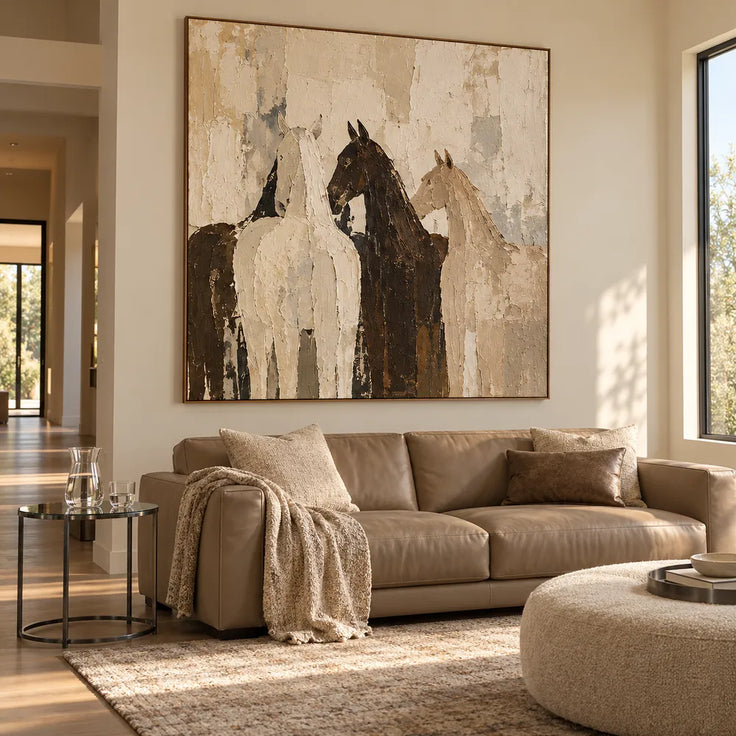 Cream and Brown Hand-Painted Oil Painting, Four Overlapping Horses #8B5N34SV