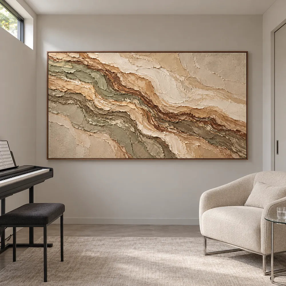 Earth-Tone Hand-Painted 3D Textured Oil Painting, Olive and Brown Strata #CZ83GDFB