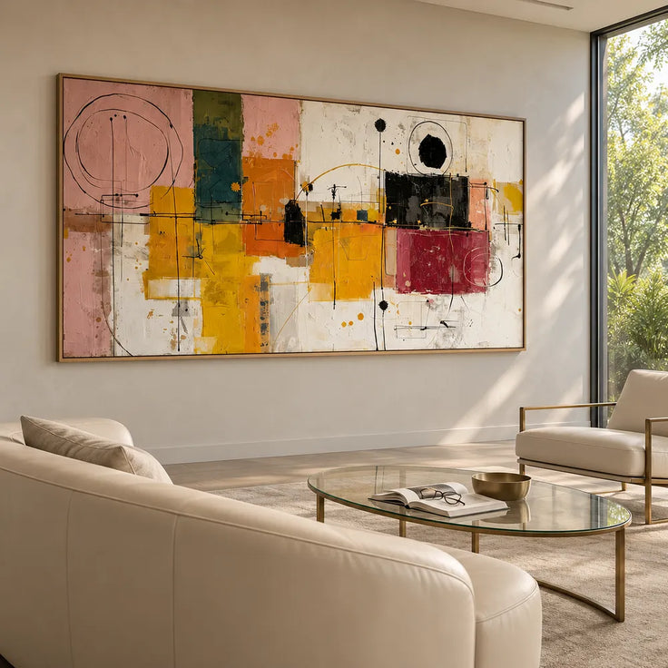 Mustard and Burgundy Hand-Painted Oil Painting, Geometric Abstract #LV534W2B