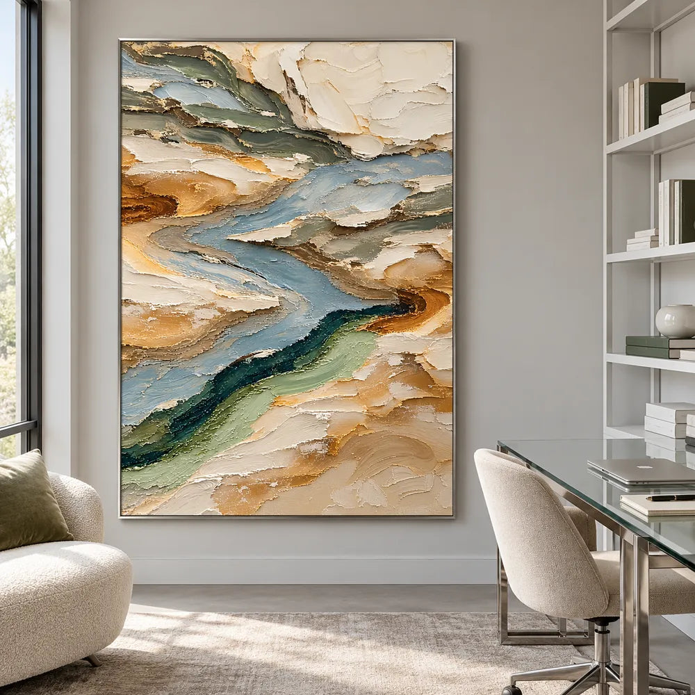 Earth-Tone Hand-Painted 3D Textured Oil Painting, Winding Blue-Gray Flow #KHMVTZFC