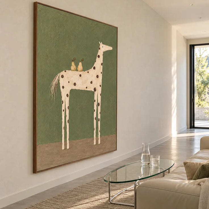 Olive Green Hand-Painted Oil Painting, Spotted Horse Carrying Two Pears #IIUZU07G