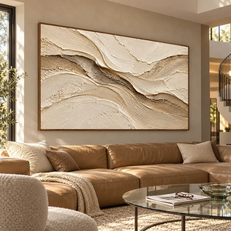 Beige Hand-Painted 3D Textured Oil Painting, Sweeping Layered Wave Abstract #6YZ3XFNK