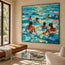 Turquoise Blue Hand-Painted Oil Painting, Seven Swimmers in Sunlit Water #2RV5N5Z4
