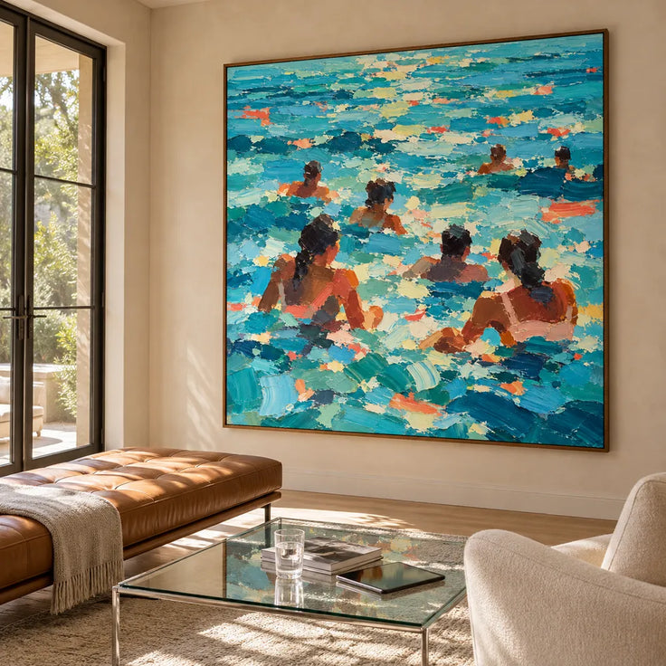 Turquoise Blue Hand-Painted Oil Painting, Seven Swimmers in Sunlit Water #2RV5N5Z4