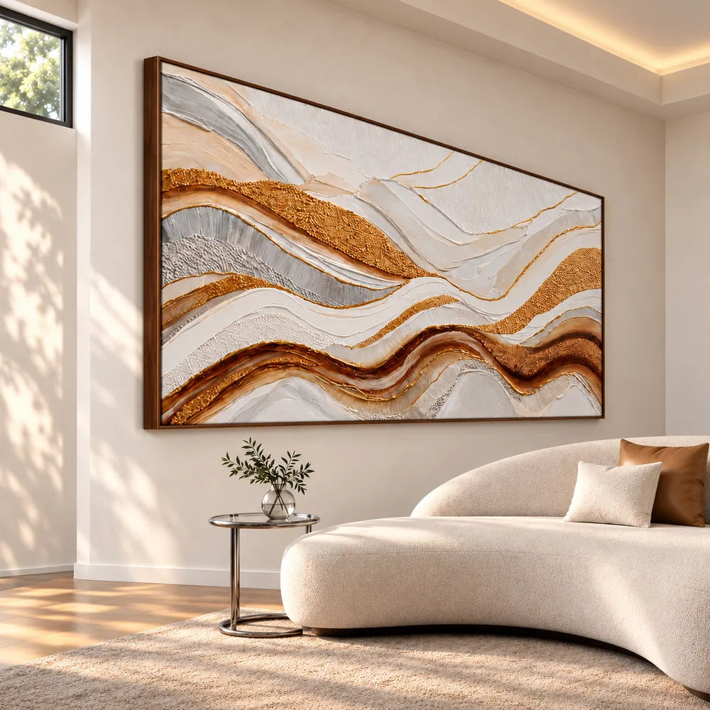 Ivory Gold Hand-Painted 3D Textured Oil Painting, Undulating Bands Wall Art #B19FJV18
