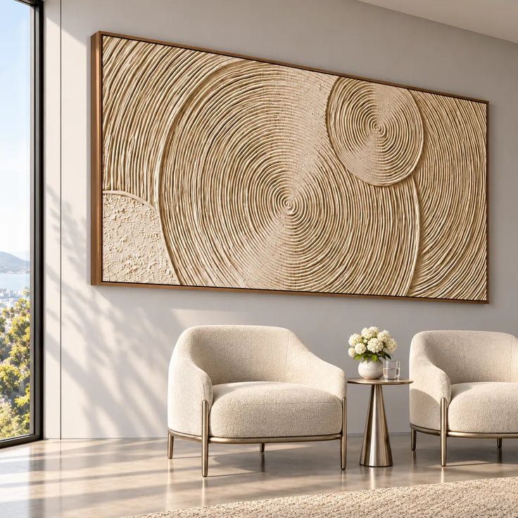 Beige Hand-Painted 3D Textured Oil Painting, Concentric Circles Wall Art #JMOPNPCU