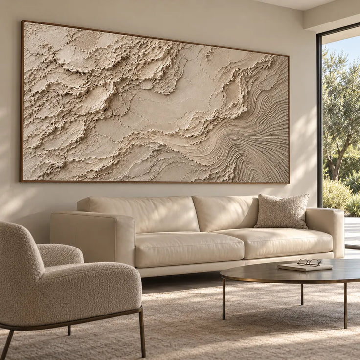 Beige Hand-Painted 3D Textured Oil Painting, Rough Layers and Combed Curves Abstract #IK9DA1WL