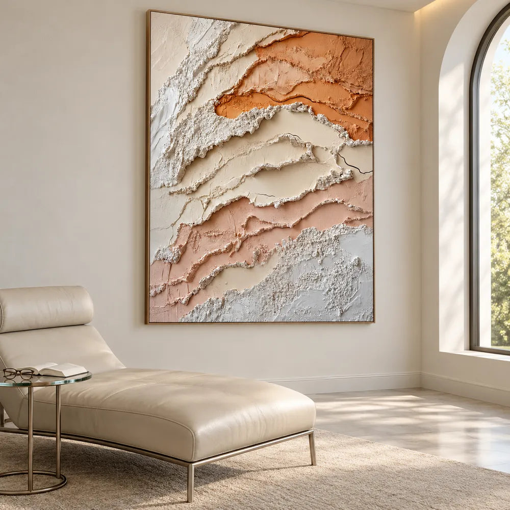 Ivory and Peach Hand-Painted 3D Textured Oil Painting, Layered Organic Abstract #QOJT9JV1