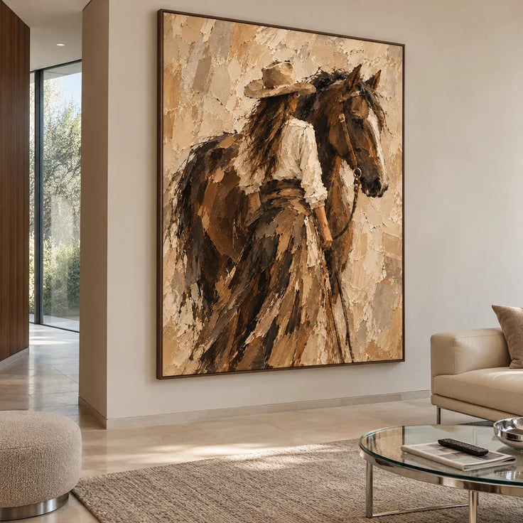 Brown and Cream Hand-Painted Oil Painting, Cowgirl Beside a Horse #JD6LI4AH