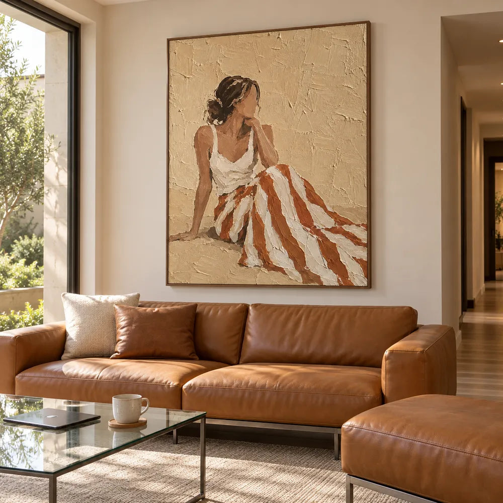 Beige Hand-Painted Oil Painting, Seated Woman with Rust and Ivory Striped Skirt #8OJBHZ91