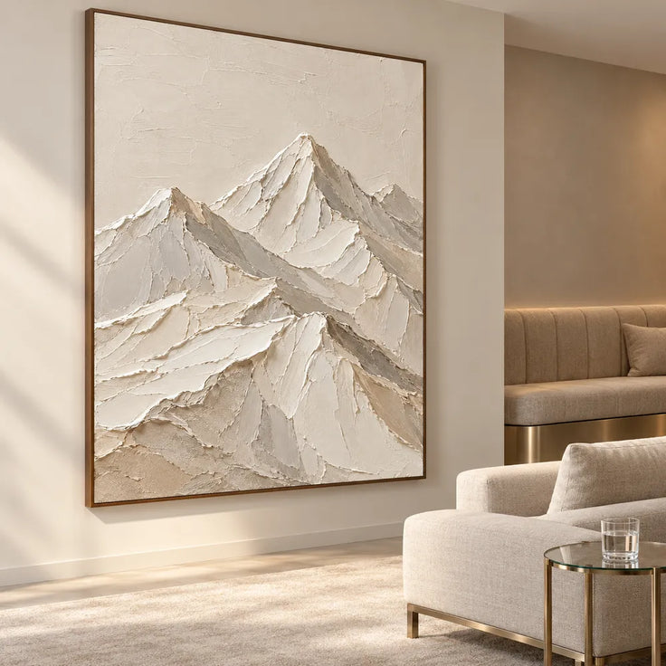 Ivory Hand-Painted 3D Textured Oil Painting, Minimal Mountain Peaks #SUBDFZDI