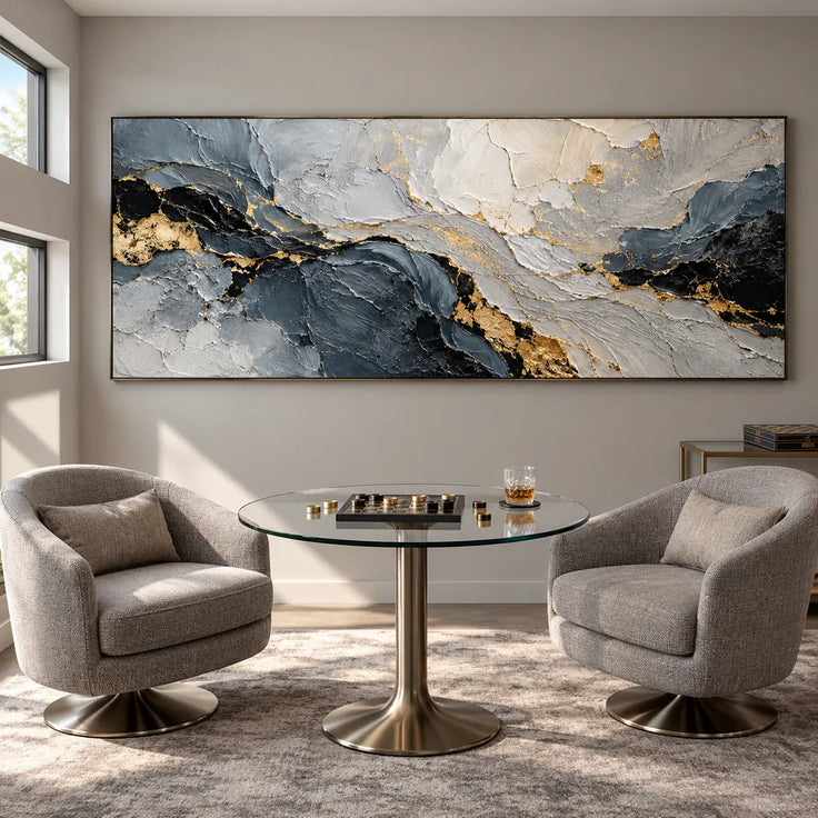 Gray Hand-Painted 3D Textured Oil Painting, Dark Layers and Gold Tones #X6RDSFYU