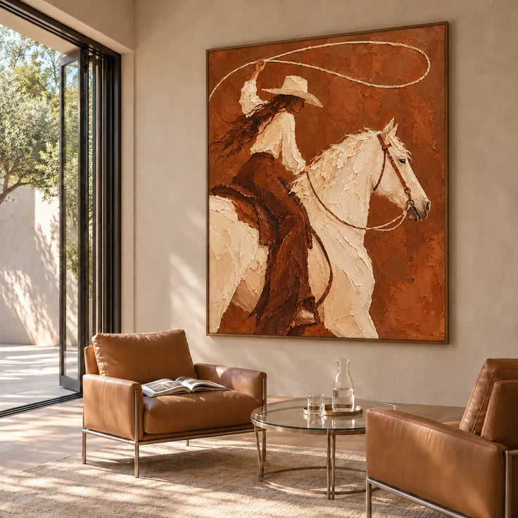 Brown and Ivory Hand-Painted Oil Painting, Cowgirl with Lasso on White Horse #2F4THA0A
