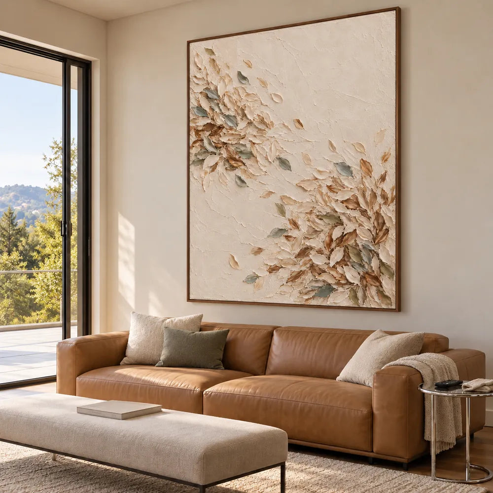 Cream Hand-Painted Oil Painting, Sweeping Leaves with Muted Blue Accents #03M1QDNU