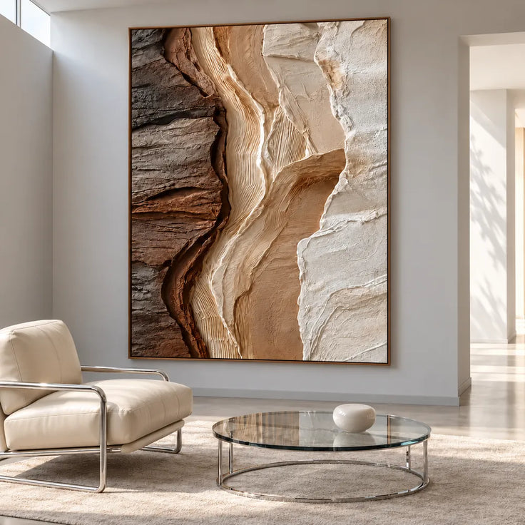 Brown Cream Hand-Painted 3D Textured Oil Painting, Vertical Strata Wall Art #WUOPLO0U