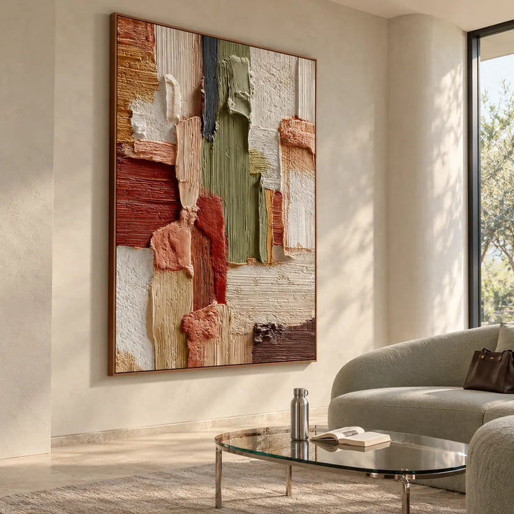 Earth-Tone Hand-Painted 3D Textured Oil Painting, Terracotta & Olive Color-Block Abstract Wall Art #I1ML7OIB