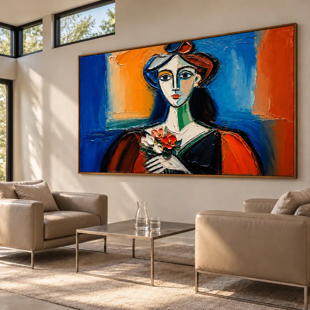 Blue and Orange Hand-Painted Oil Painting, Geometric Woman Holding Flowers #RWCVBPGR