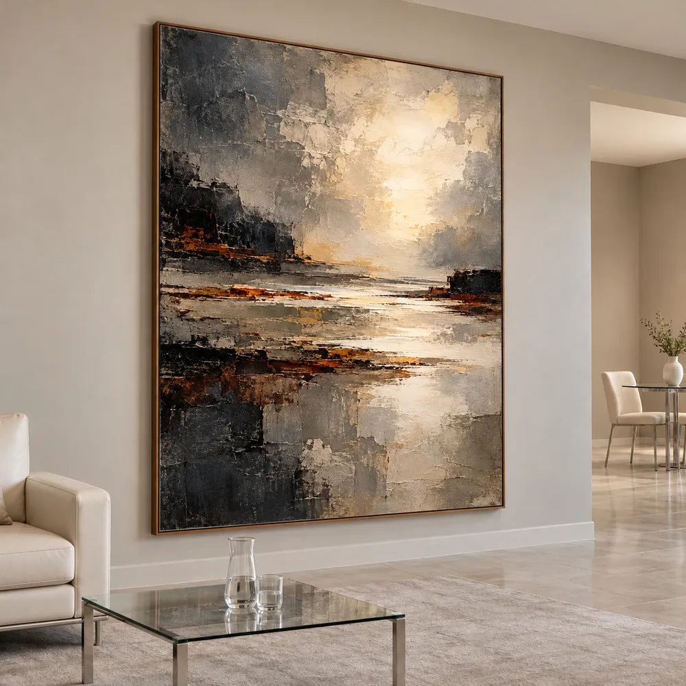 Charcoal and Cream Hand-Painted Oil Painting, Abstract Luminous Shore #AMXNLXWV