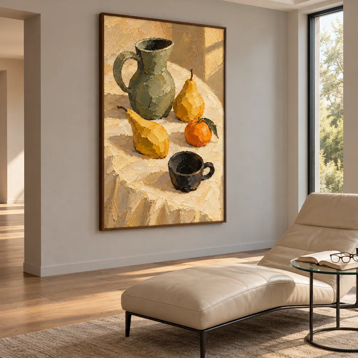 Yellow Hand-Painted Oil Painting, Pears and a Green Pitcher in Sunlight #D50B9HBJ