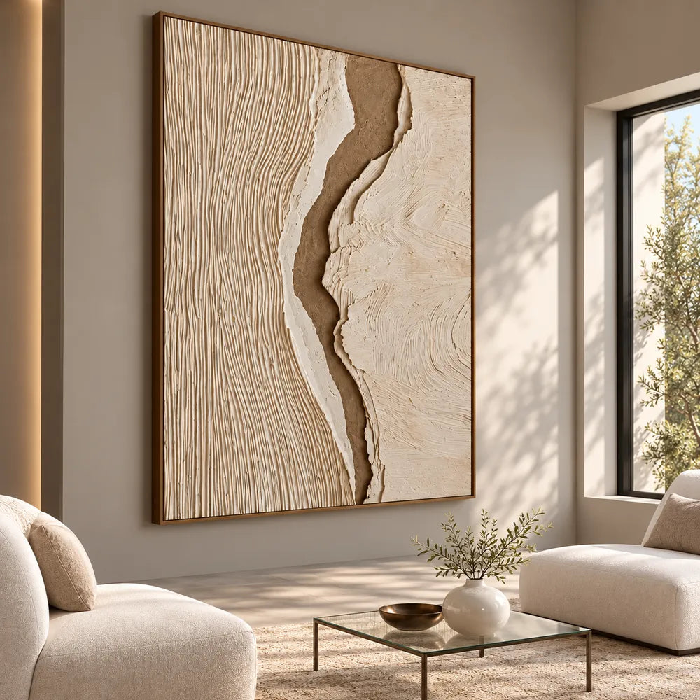 Cream Taupe Hand-Painted 3D Textured Oil Painting, Central Ravine Wall Art #8OE57EYP