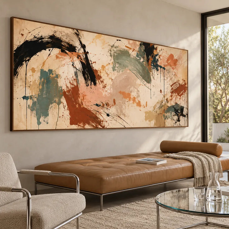 Beige Hand-Painted Oil Painting, Black Arcs and Sage Abstract #HRPVAO7I