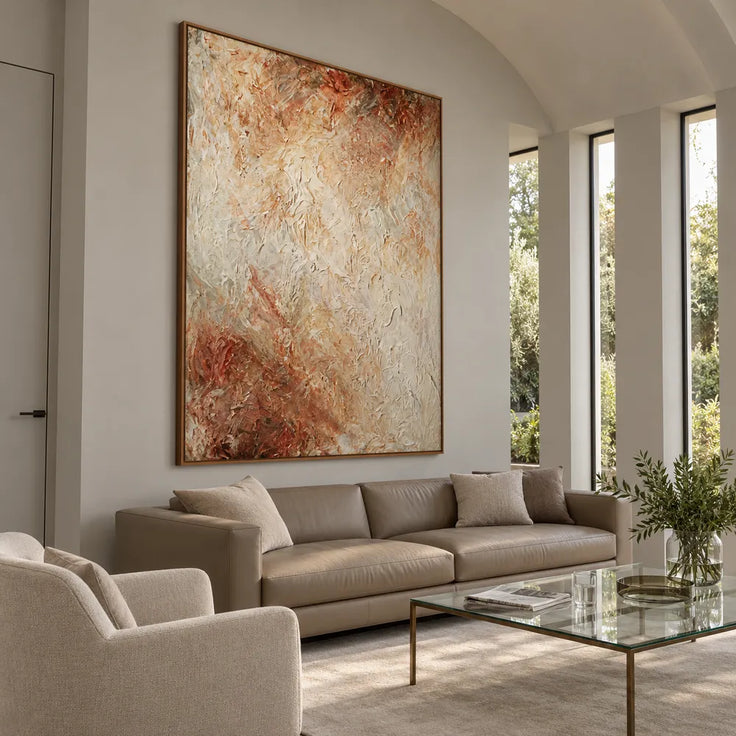 Cream and Warm Brown Hand-Painted Oil Painting, Soft Organic Abstract #97YZ35BG