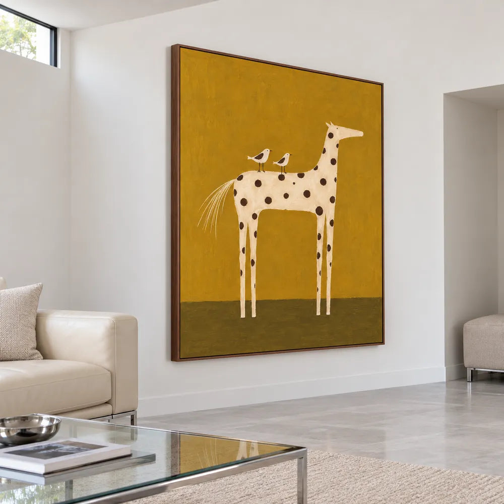 Mustard Yellow Hand-Painted Oil Painting, Spotted Horse with Two Birds #8COVKX2O