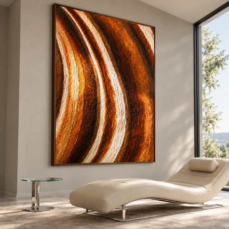 Amber Brown Hand-Painted 3D Textured Oil Painting, Flowing Streaks Wall Art #77Z7AGGF