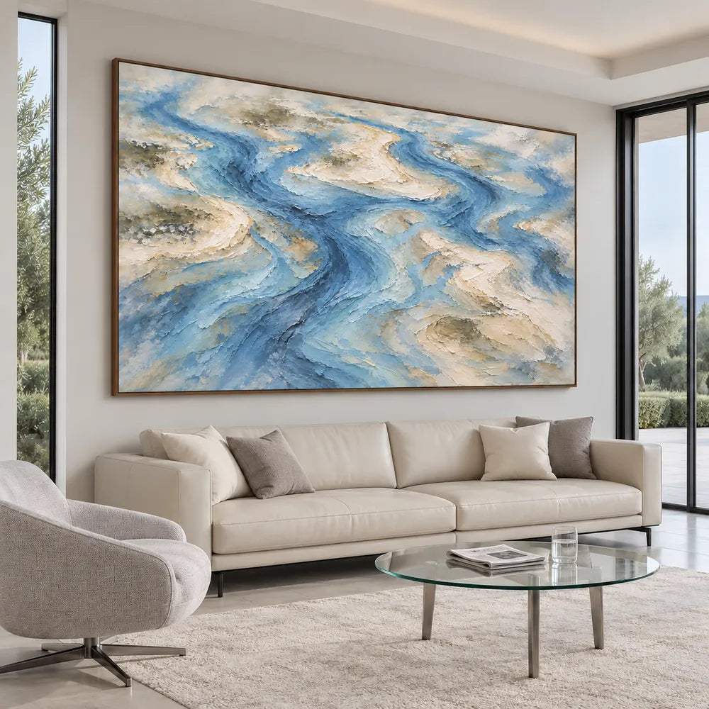 Blue Hand-Painted Oil Painting, Winding Channels and Pale Banks #B0XLQNVH