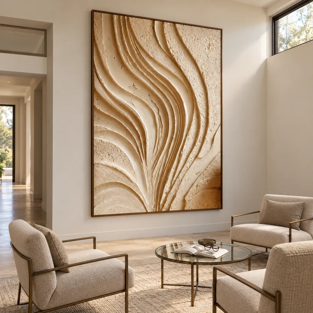 Cream Hand-Painted 3D Textured Oil Painting, Flowing Ribbon Abstract #3SILN1UH