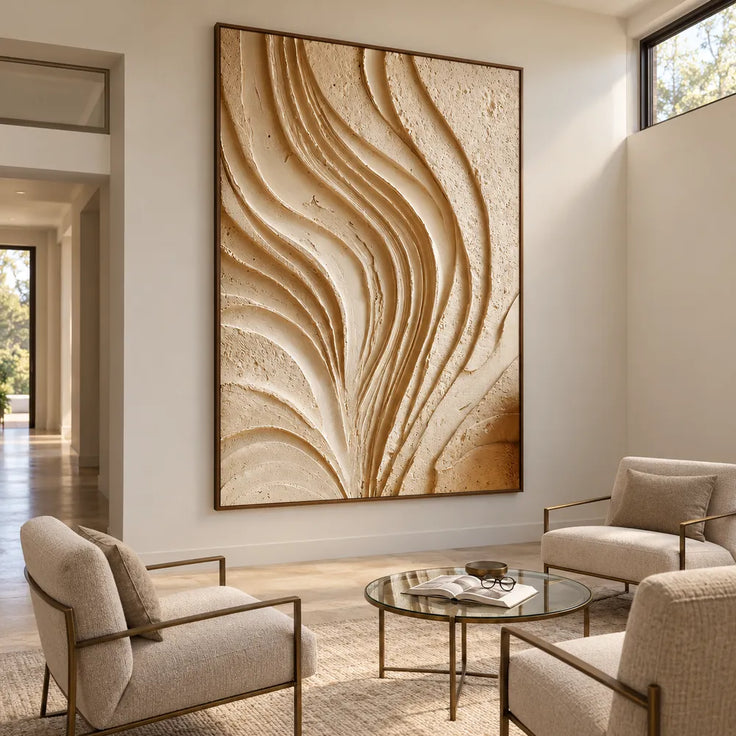 Cream Hand-Painted 3D Textured Oil Painting, Flowing Ribbon Abstract #3SILN1UH