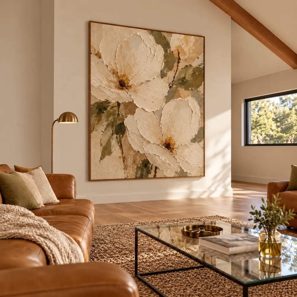 Cream Hand-Painted Oil Painting, Oversized Floral Blooms and Olive Leaves #NT8H5PRP