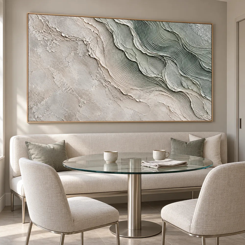 Sage and White Hand-Painted Oil Painting, Flowing Fine-Line Contours #HX2DO6GI