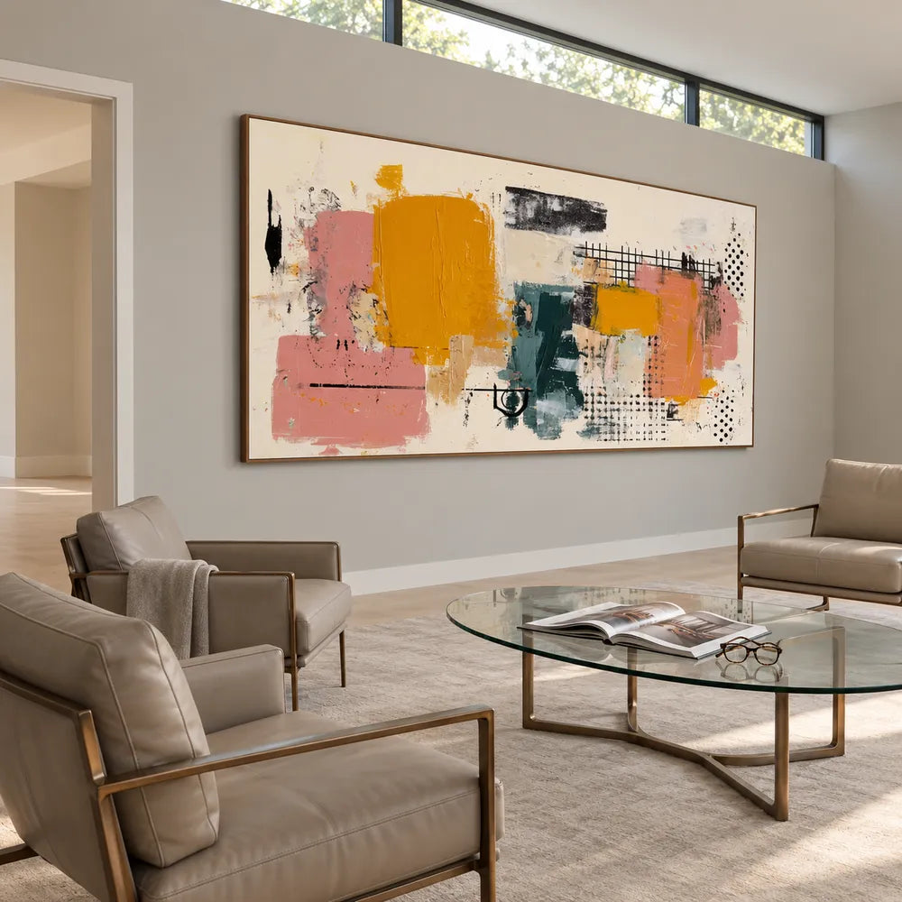 Mustard and Pink Hand-Painted Oil Painting, Graphic Abstract #05NDDBLI