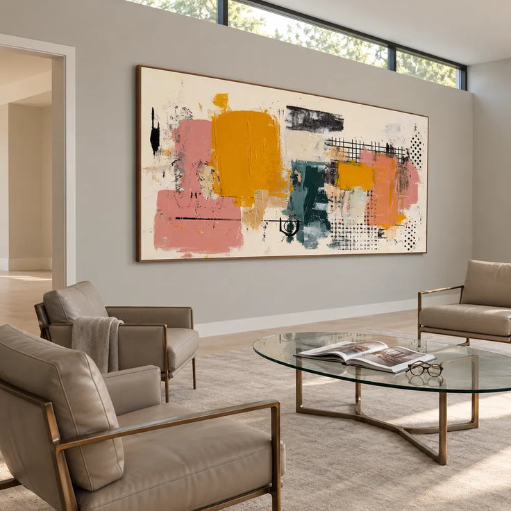 Mustard and Pink Hand-Painted Oil Painting, Graphic Abstract #05NDDBLI