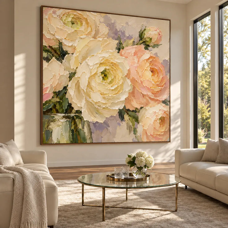 Cream Hand-Painted Oil Painting, Close-Up Peach and Ivory Flowers #22T3QUTE