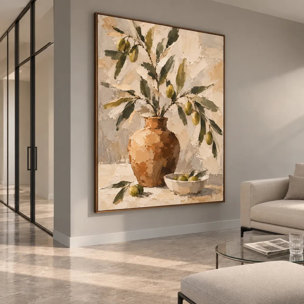 Earth-Tone Hand-Painted Oil Painting, Fruiting Branches in an Ochre Vase #U8CNUSTV
