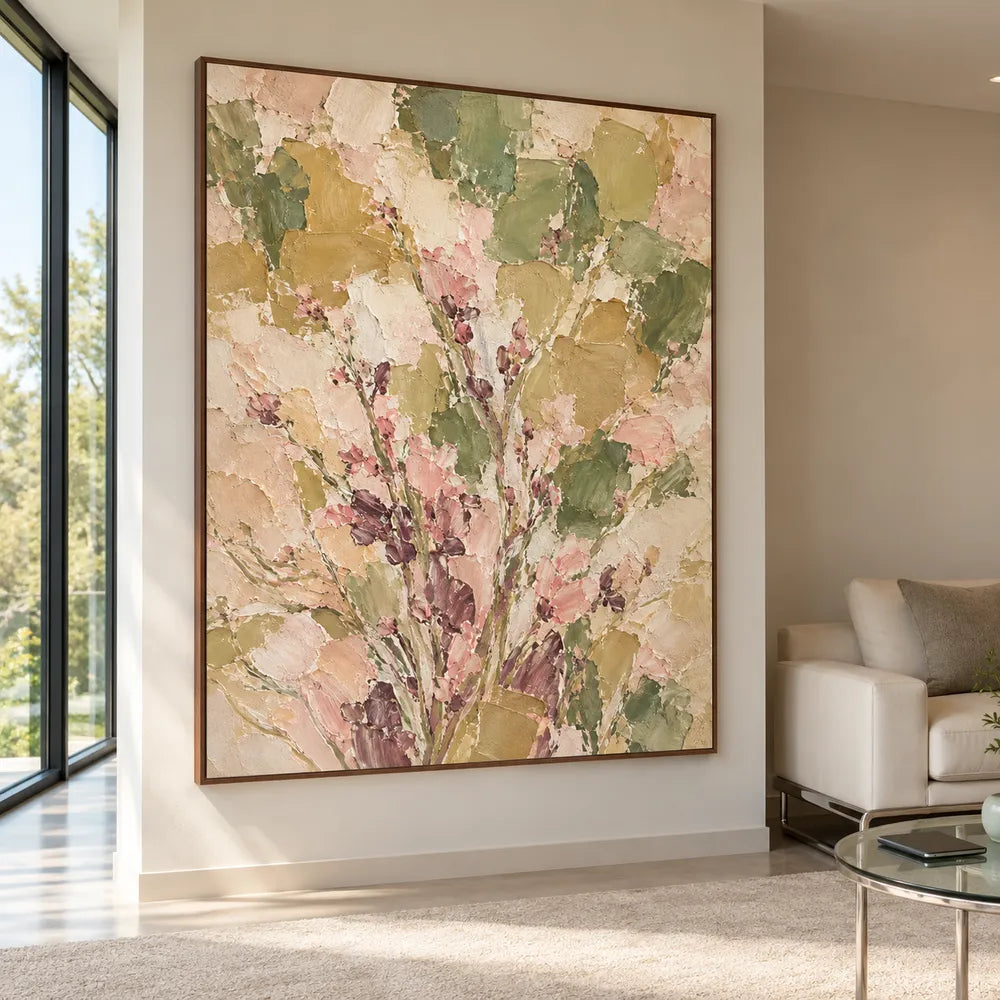Sage and Blush Hand-Painted Oil Painting, Rising Floral Sprigs #FRM3RQIN