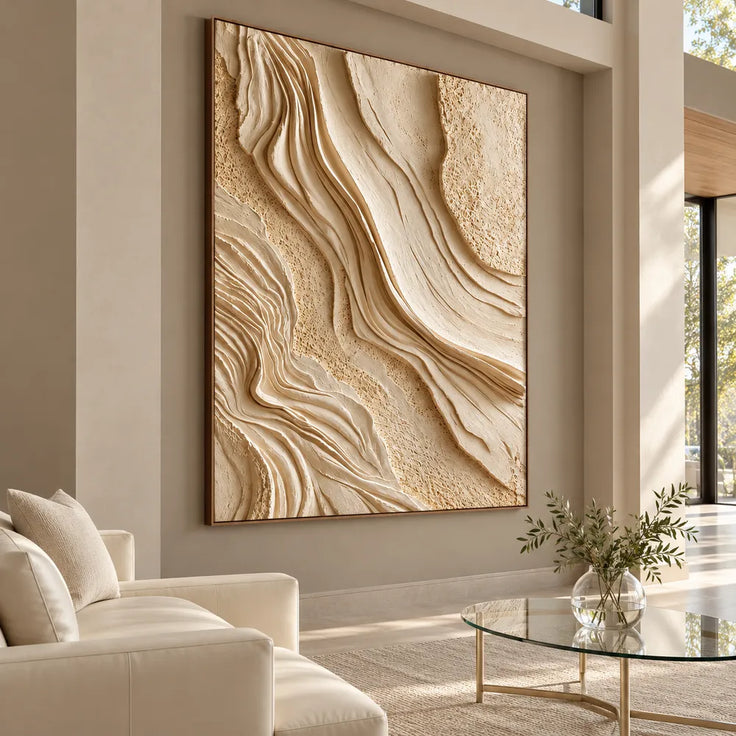 Beige Hand-Painted 3D Textured Oil Painting, Layered Contours Wall Art #CVIFU9CW