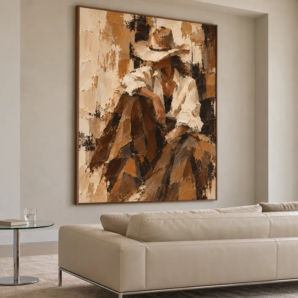 Brown and Cream Hand-Painted Oil Painting, Seated Cowgirl Portrait #E9CV57YO