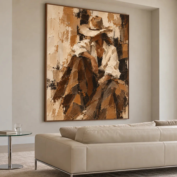 Brown and Cream Hand-Painted Oil Painting, Seated Cowgirl Portrait #E9CV57YO