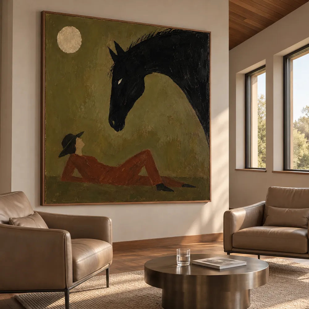 Olive Brown Hand-Painted Oil Painting, Black Horse and Reclining Figure #9MFNIU84