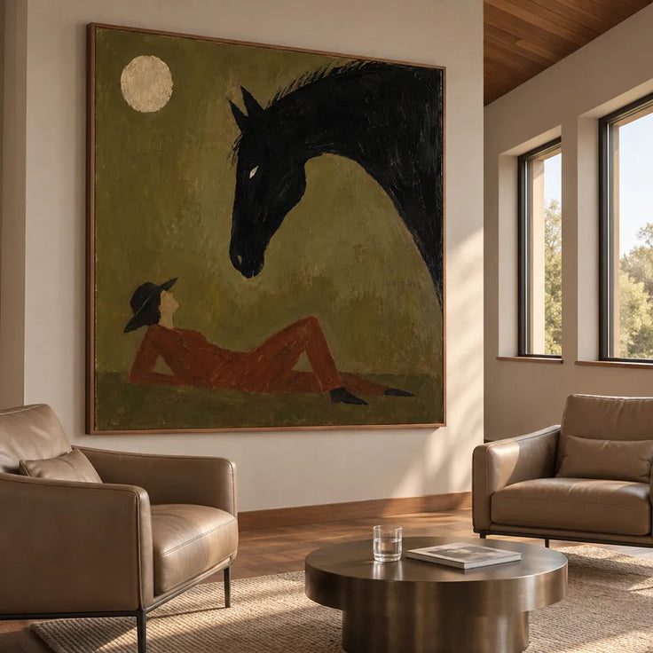 Olive Brown Hand-Painted Oil Painting, Black Horse and Reclining Figure #9MFNIU84