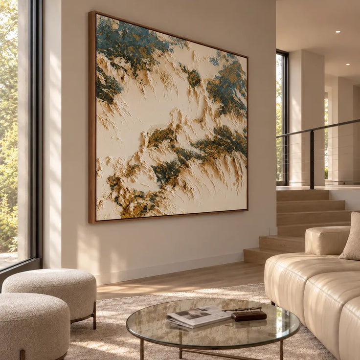 Cream and Deep Green Hand-Painted Oil Painting, Organic Abstract Forms #R1E3GSYK