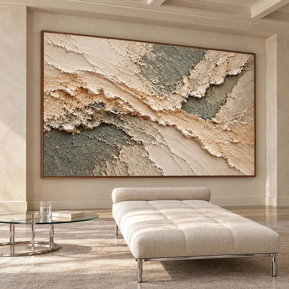 Cream and Sage Gray Hand-Painted 3D Textured Oil Painting, Diagonal Relief Bands #6ICH5UVP