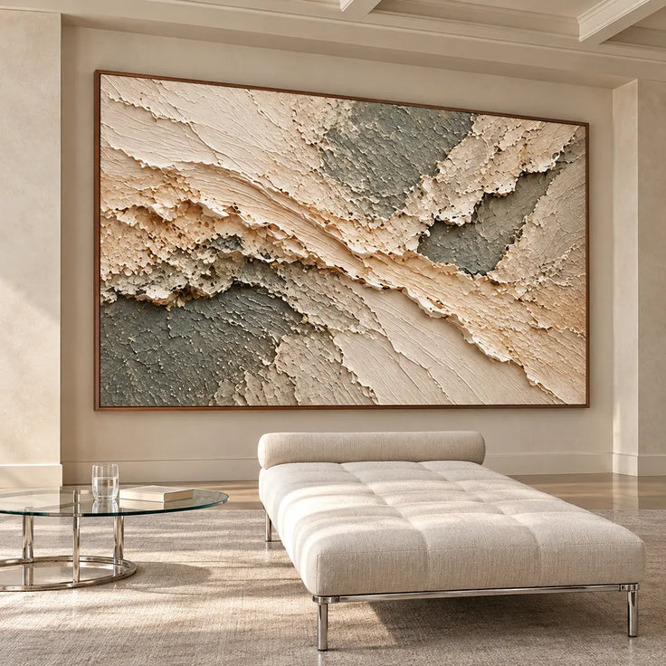 Cream and Sage Gray Hand-Painted 3D Textured Oil Painting, Diagonal Relief Bands #6ICH5UVP
