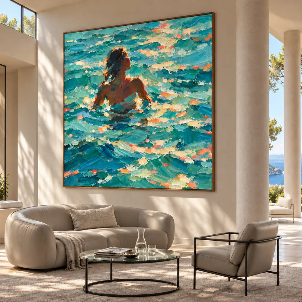 Blue Hand-Painted Oil Painting, Woman Among Sunlit Waves #ZO0LS4XT