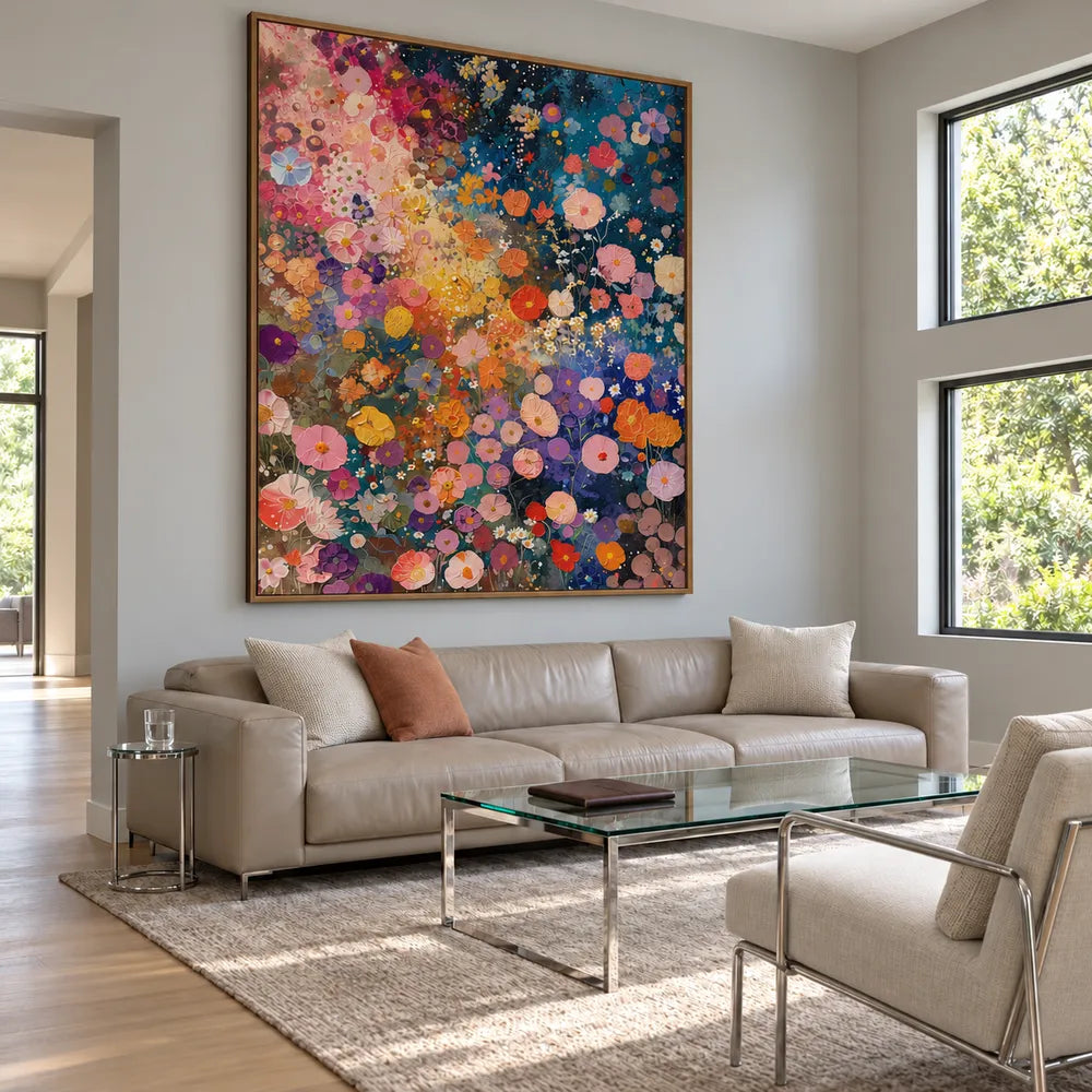 Deep Blue and Pink Hand-Painted Oil Painting, Colorful Flower Meadow #PG0DH31L