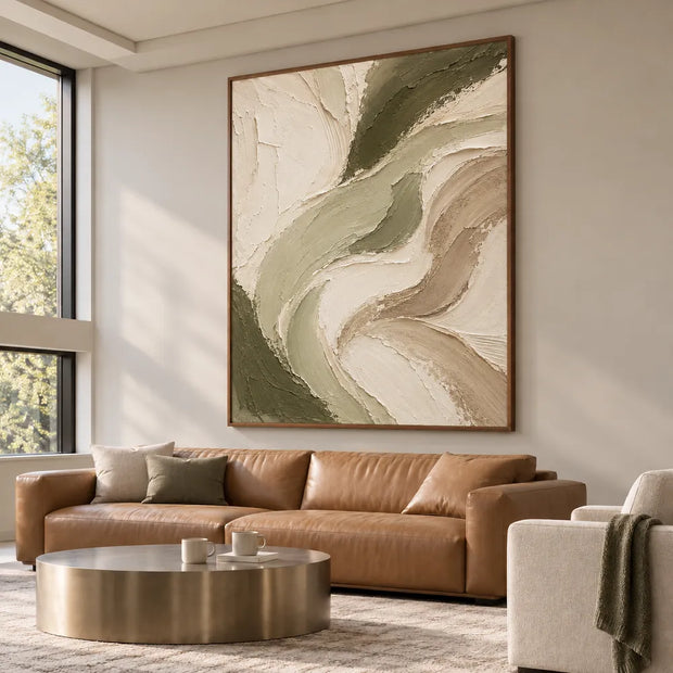 Cream and Sage Hand-Painted Oil Painting, Flowing Abstract Ribbons #4Y2HPFDD